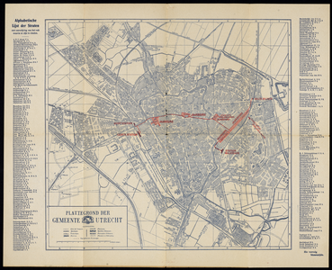 214767 Plattegrond van de stad Utrecht met daarop in rood aangegeven waar de terreinen van vermoedelijk de 2e Jaarbeurs ...